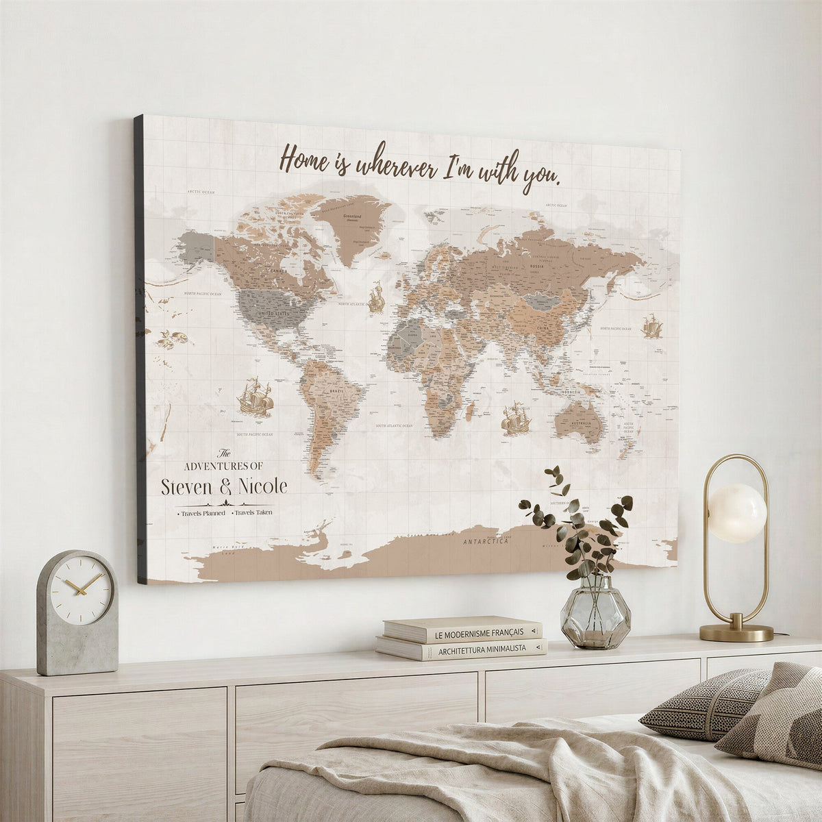Personalized Beige Geometric Push Pin World Map Canvas Print, Countries Visited Map, Study and Home Office Decor