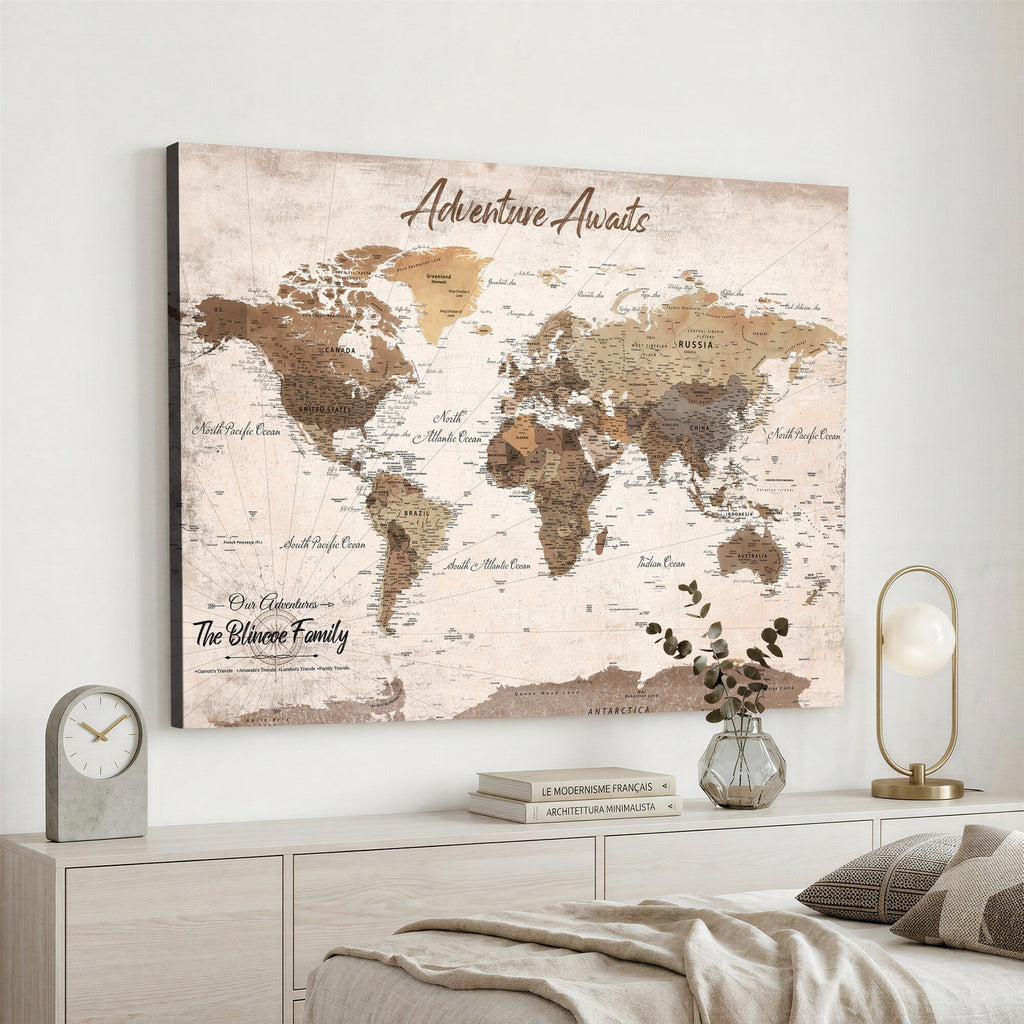 Custom Push Pin World Map Wall Art Canvas Print | Personalized Travel Tracker