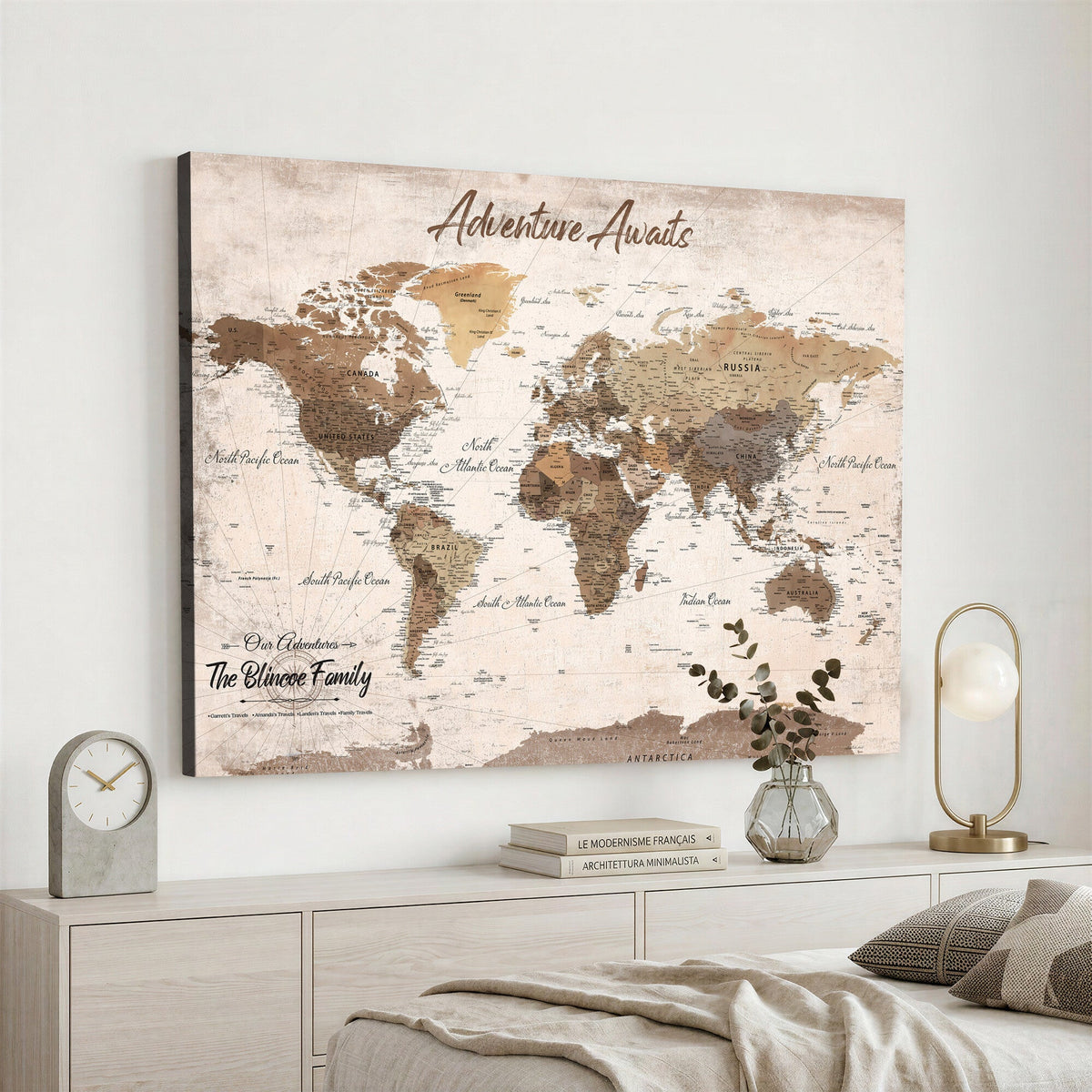 Custom Push Pin World Map Wall Art Canvas Print | Personalized Travel Tracker