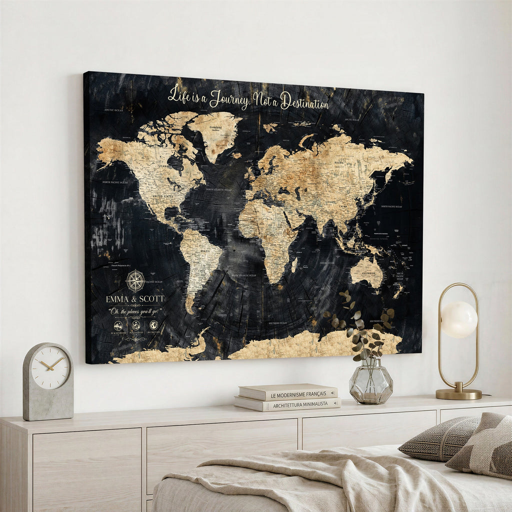 Personalized Framed Beige Push Pin World Map Wall Art, Bucket List Map, Living Room and Dining Room Decor