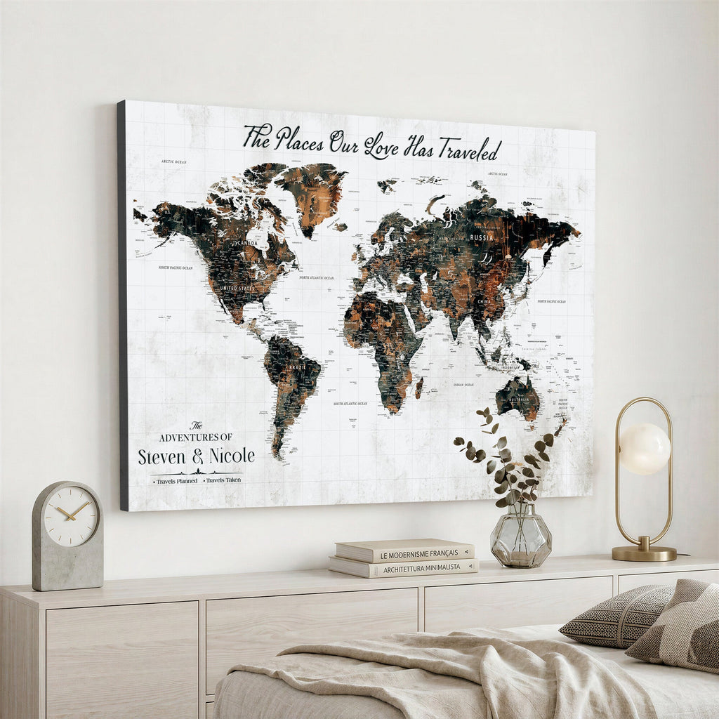 Custom Navy Geometric Push Pin World Map Canvas Print, Bucket List Map, Living Room and Home Office Decor