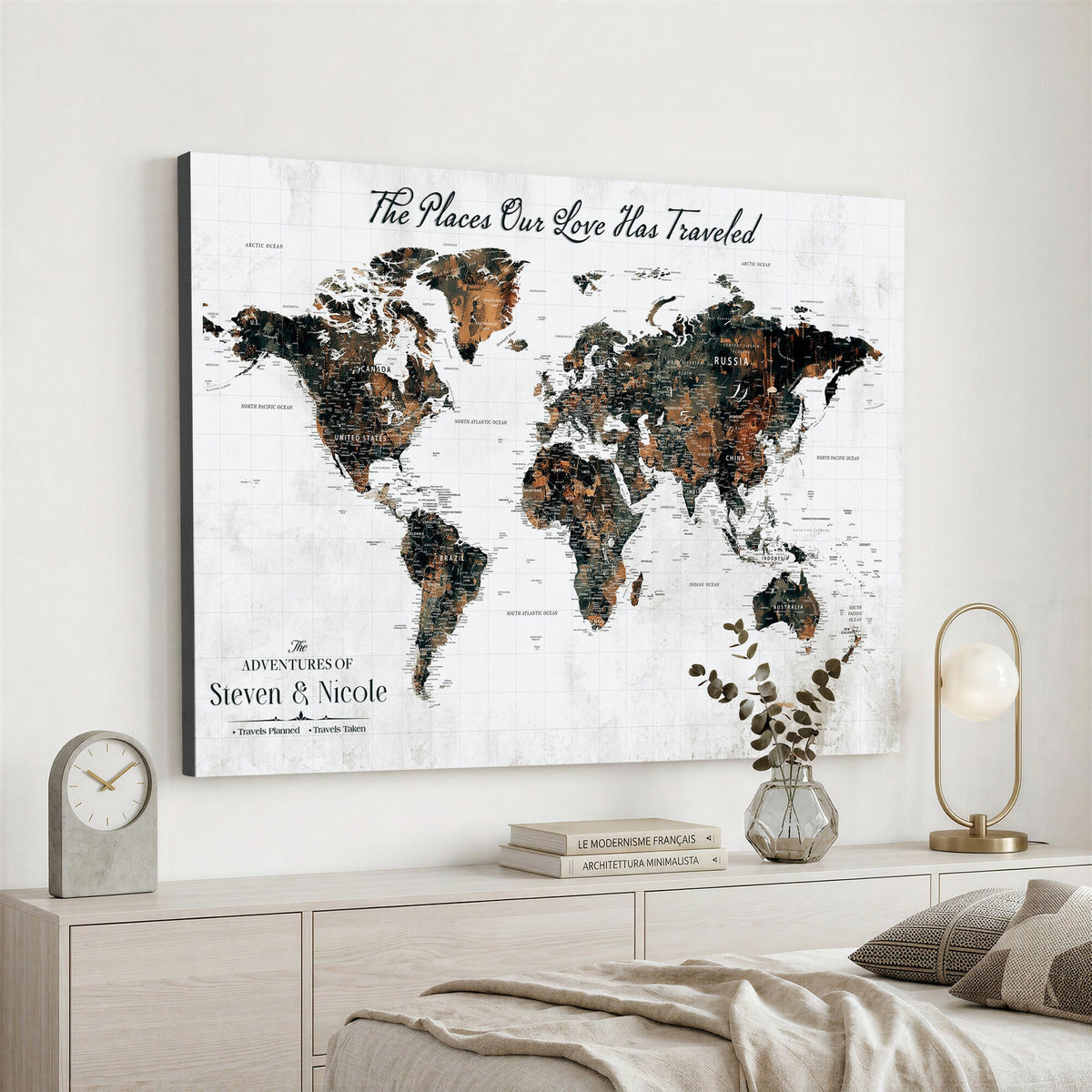 Custom Navy Geometric Push Pin World Map Canvas Print, Bucket List Map, Living Room and Home Office Decor