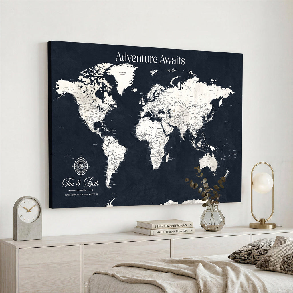 Custom World Map Wall Art Canvas Print | Personalized Push Pin Travel Tracker