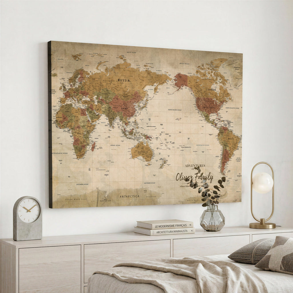 Personalized Framed Navy Modern World Map Canvas with Push Pins, Bucket List Map, Living Room and Entryway Decor