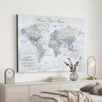 Personalized Beige Antique Push Pin World Map Canvas Print, Family Travel Tracker, Family Room and Entryway Decor