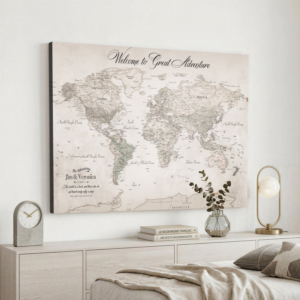 Personalized Beige World Map Canvas with Push Pins, Places Visited Tracker, Family Room and Entryway Decor
