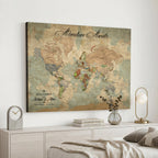 Custom Beige World Travel Map Wall Art with Pins, Bucket List Map, Dining Room and Study Decor
