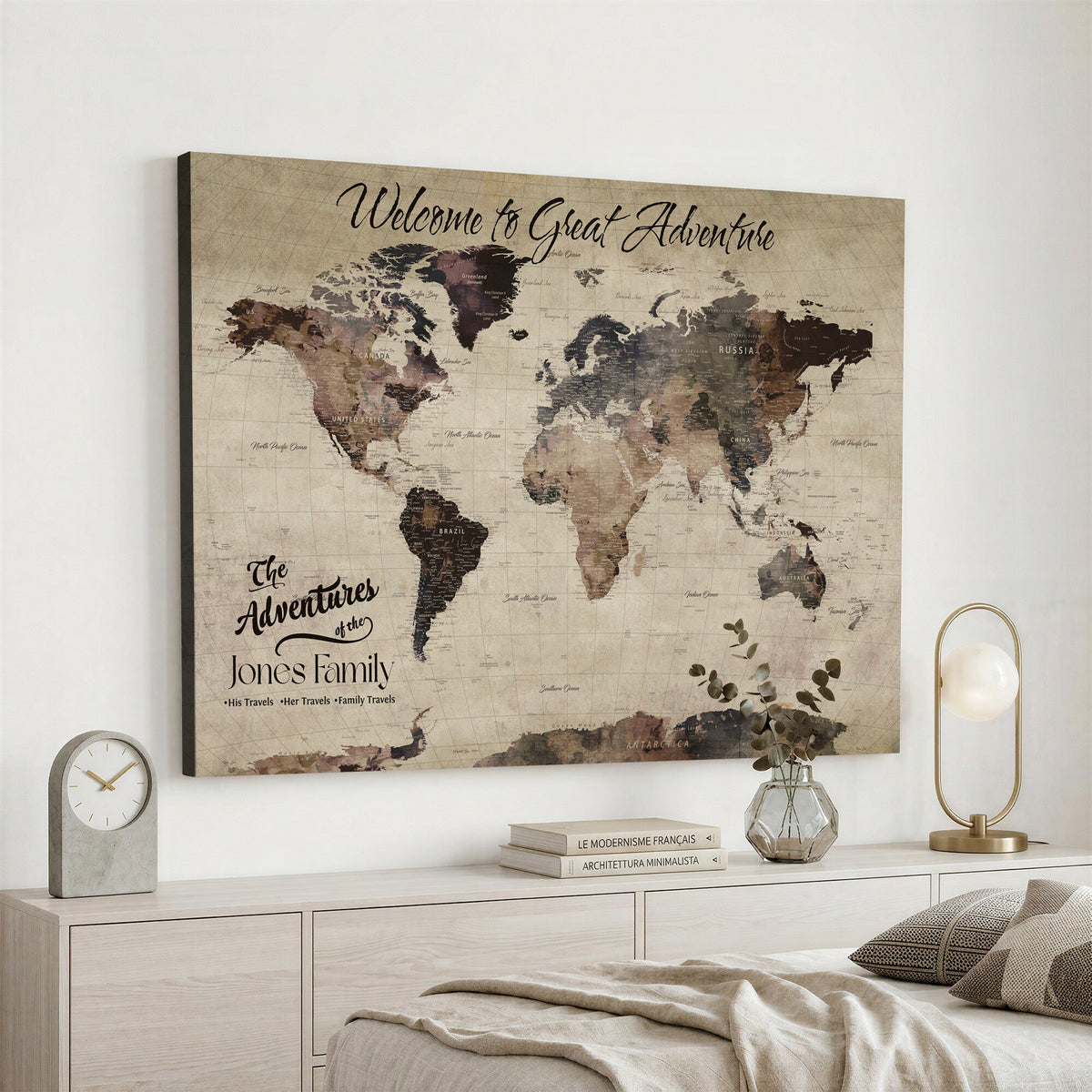 Custom Beige Modern Push Pin World Map Wall Art, Honeymoon and Anniversary Gift, Dining Room and Study Decor