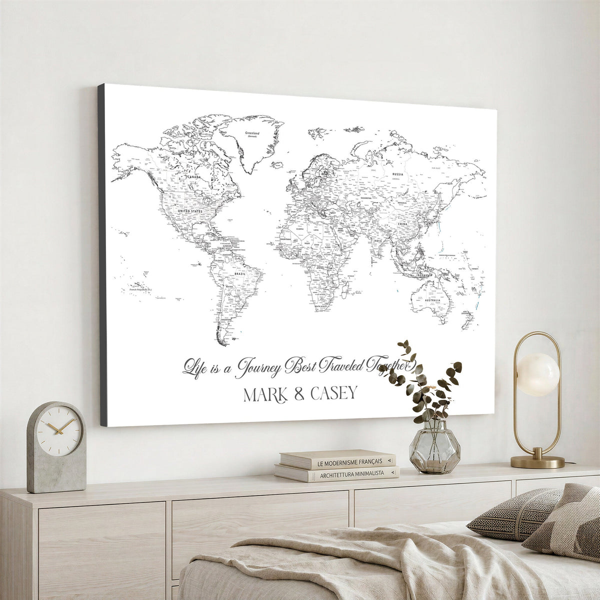 Personalized Framed Beige Modern Push Pin Travel Map Canvas Print, Couples Countries Visited Map, Living Room and Family Room Decor