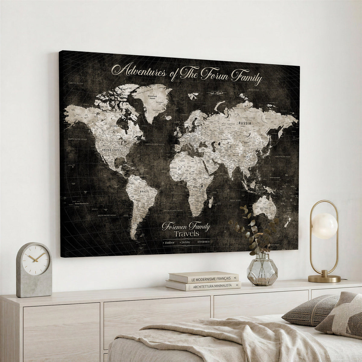 Personalized Framed Beige Push Pin World Map Canvas Print, Couples Countries Visited Map, Dining Room and Study Decor