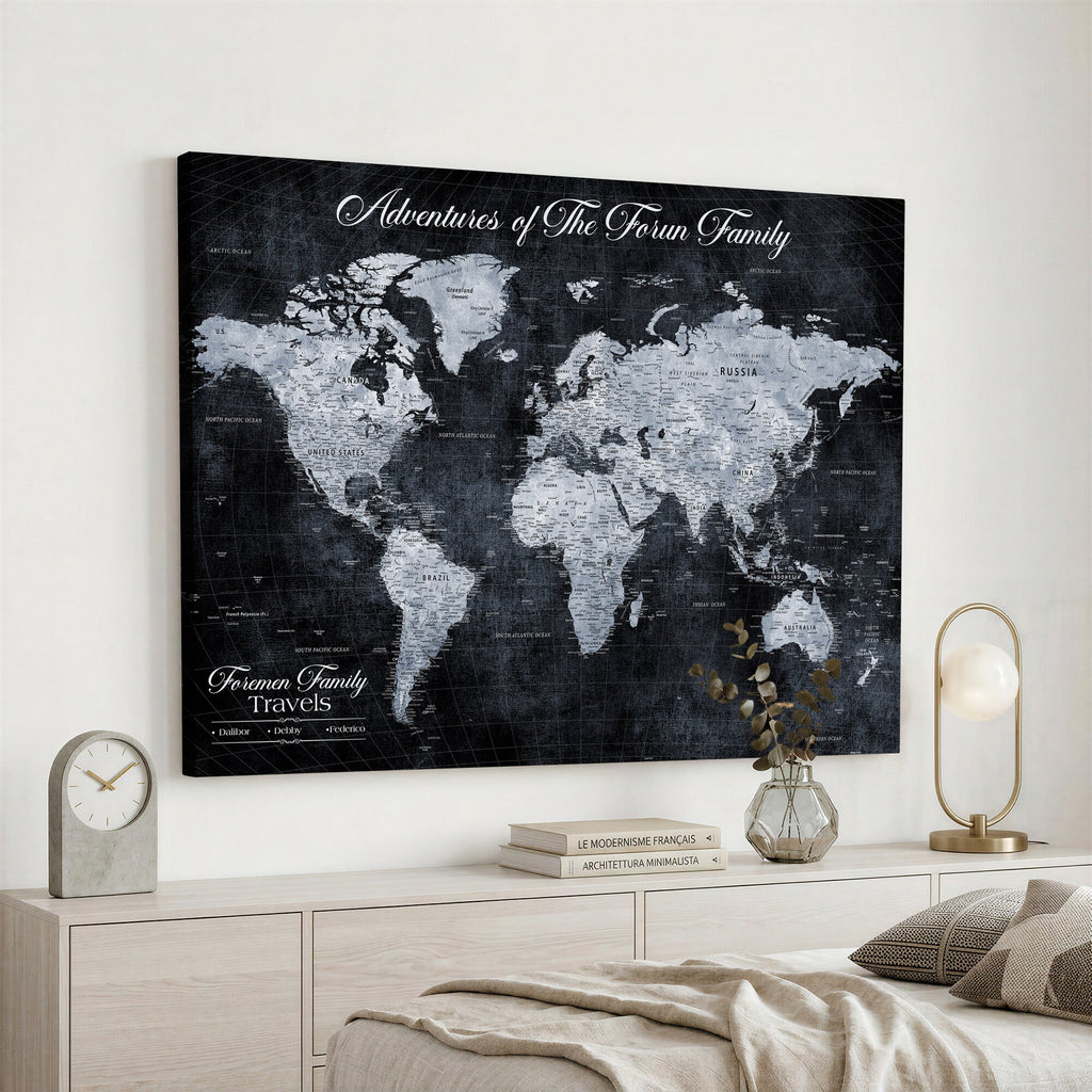 Personalized Framed Beige Modern Push Pin World Map Wall Art, Places Visited Tracker, Family Room and Dining Room Decor
