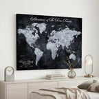 Personalized Framed Beige Modern Push Pin World Map Wall Art, Places Visited Tracker, Family Room and Dining Room Decor