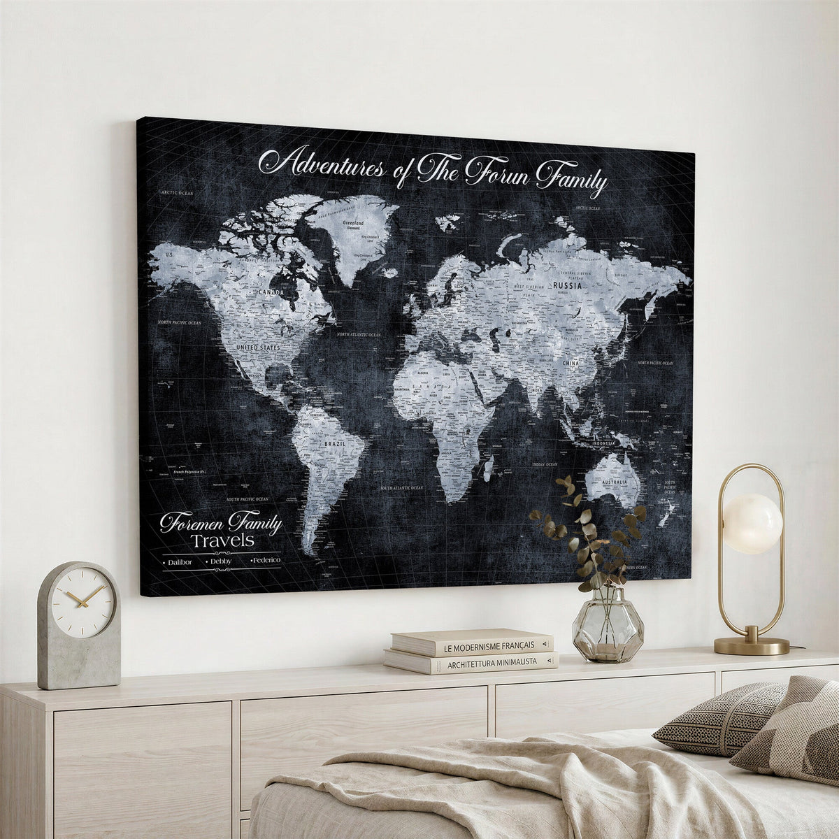 Personalized Framed Beige Modern Push Pin World Map Wall Art, Places Visited Tracker, Family Room and Dining Room Decor