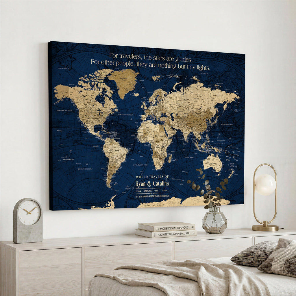 Personalized Framed Black Push Pin Travel Map Canvas Print, Next Trip Planner Map, Dining Room and Bedroom Decor