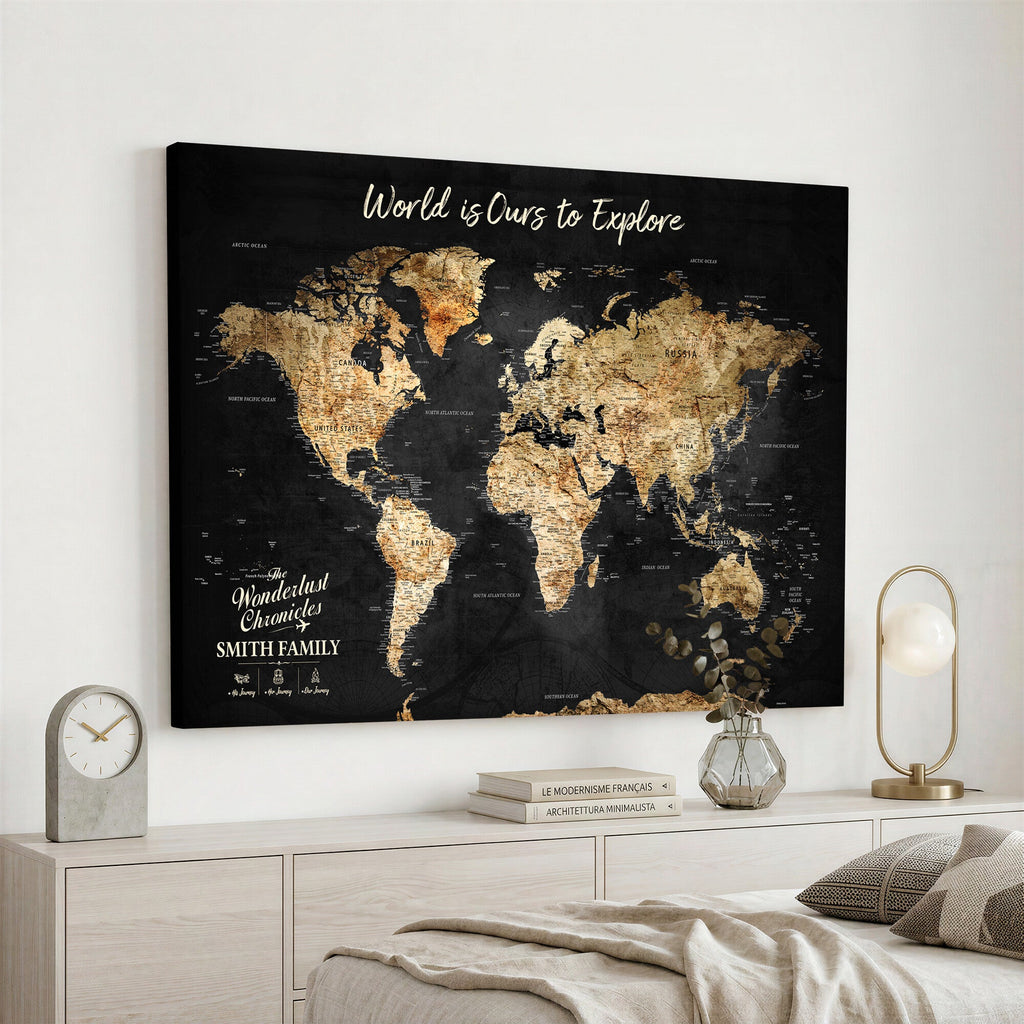 Personalized Framed Black Beige Modern World Travel Map Wall Art with Pins, Bucket List Map, Living Room and Hallway Decor