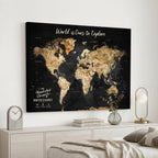 Personalized Framed Black Beige Modern World Travel Map Wall Art with Pins, Bucket List Map, Living Room and Hallway Decor