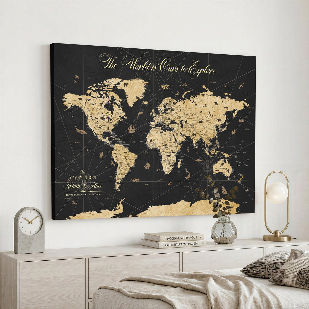 Custom Push Pin World Map Canvas Print, Couples Countries Visited Map, Living Room and Home Office Decor