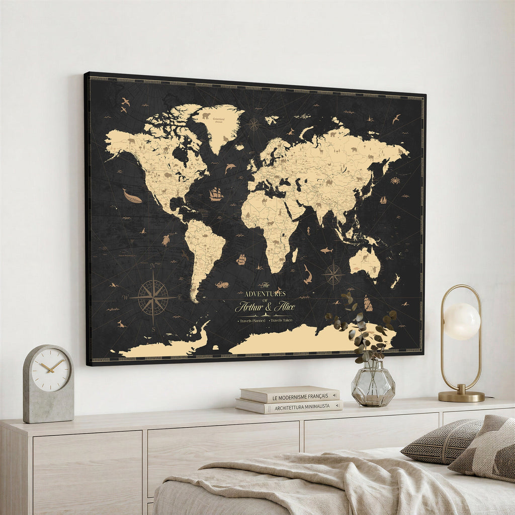 Personalized Beige Push Pin World Map Canvas Print, Places Visited Tracker, Home Office and Study Decor