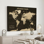 Custom Beige Push Pin World Map Wall Art, Next Trip Planner Map, Living Room and Home Office Decor