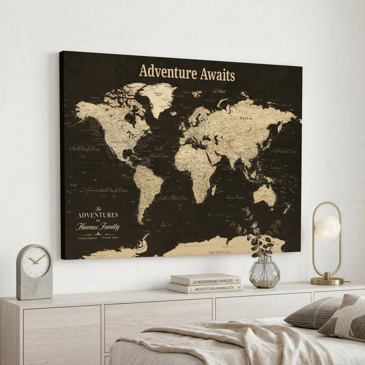 Custom Beige Push Pin World Map Wall Art, Next Trip Planner Map, Living Room and Home Office Decor