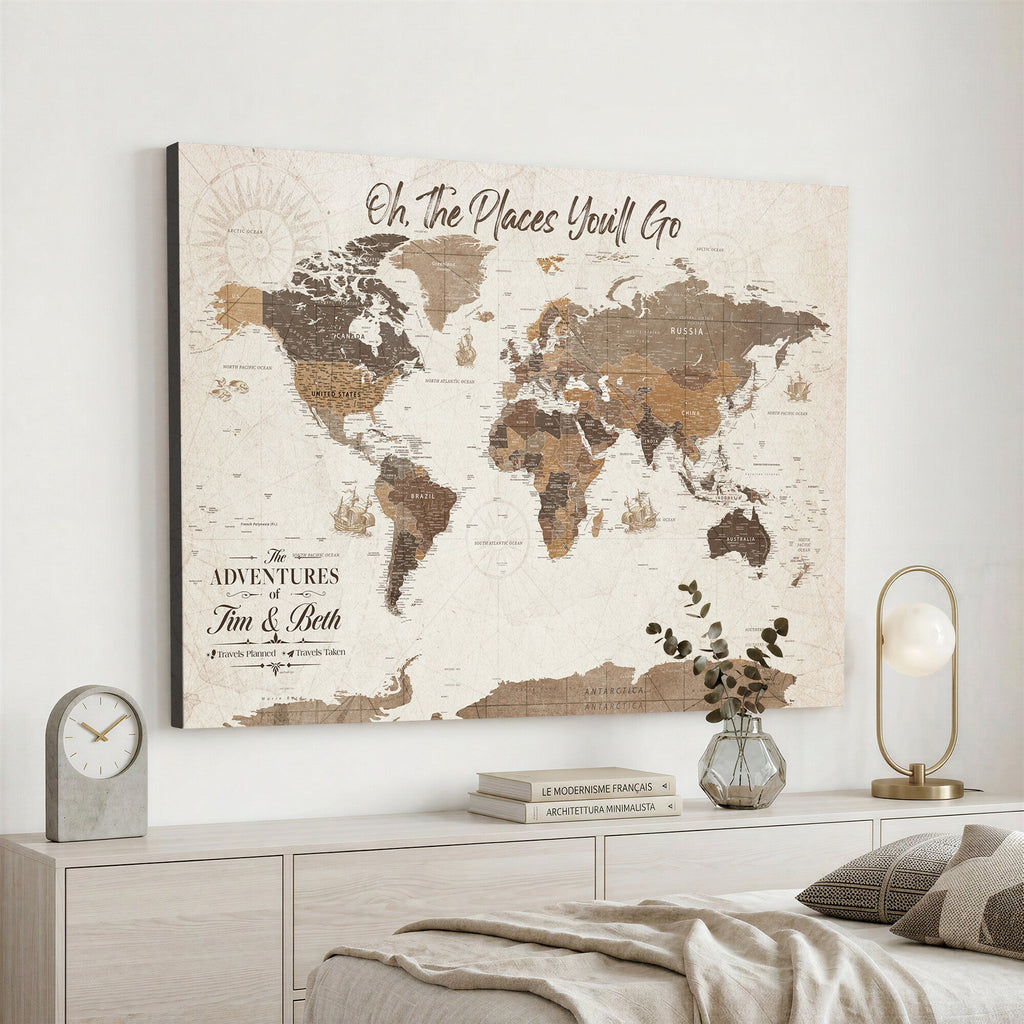 Custom Beige World Travel Map Wall Art with Pins, Couples Countries Visited Map, Living Room and Study Decor