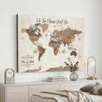 Custom Beige World Travel Map Wall Art with Pins, Couples Countries Visited Map, Living Room and Study Decor
