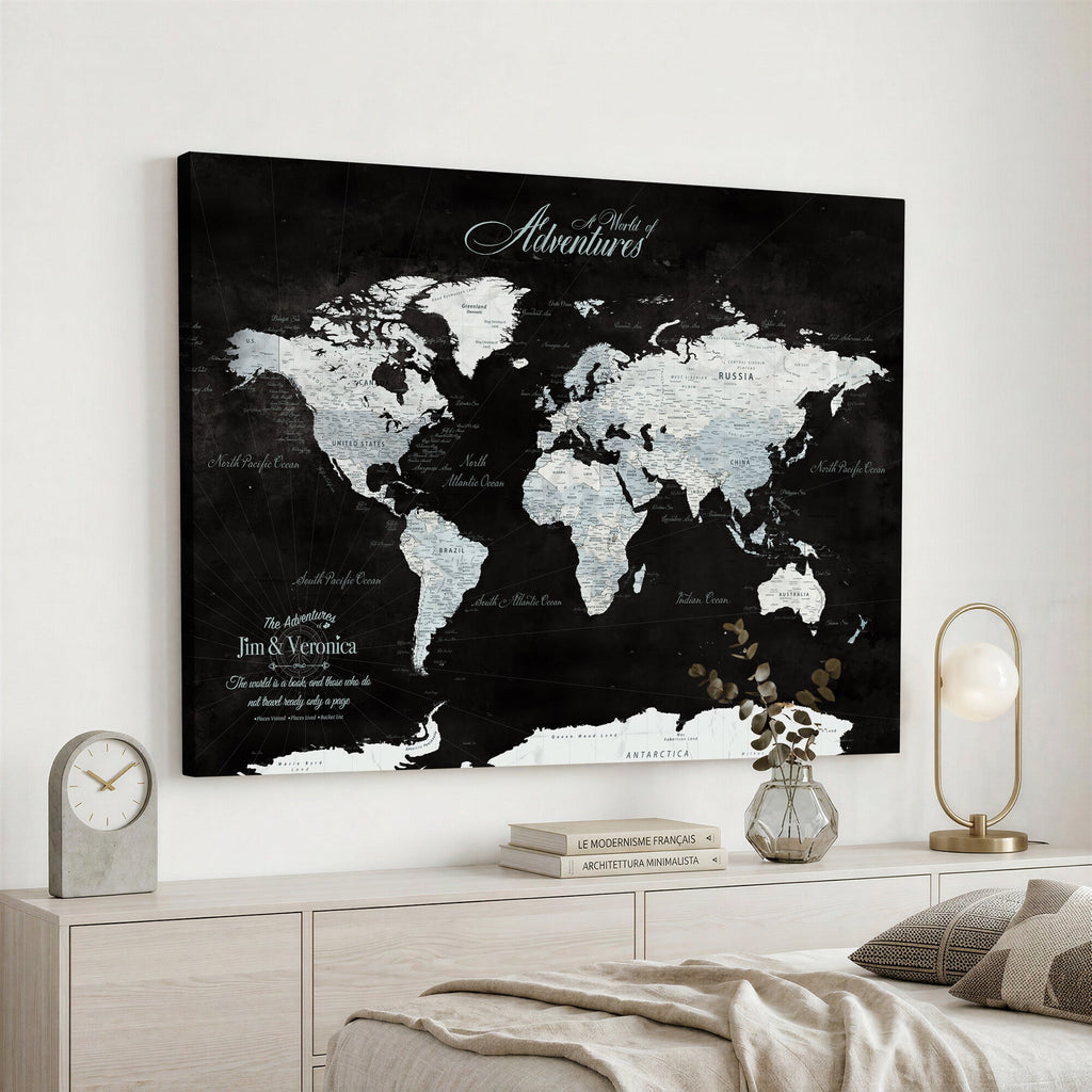 Custom Beige World Travel Map Wall Art with Pins, Places Visited Tracker, Bedroom and Home Office Decor