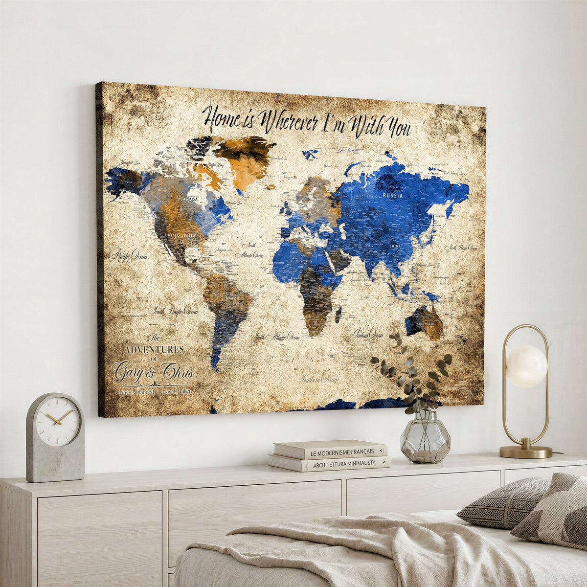 Personalized Framed Beige World Map Canvas with Push Pins, Honeymoon and Anniversary Gift, Living Room and Home Office Decor