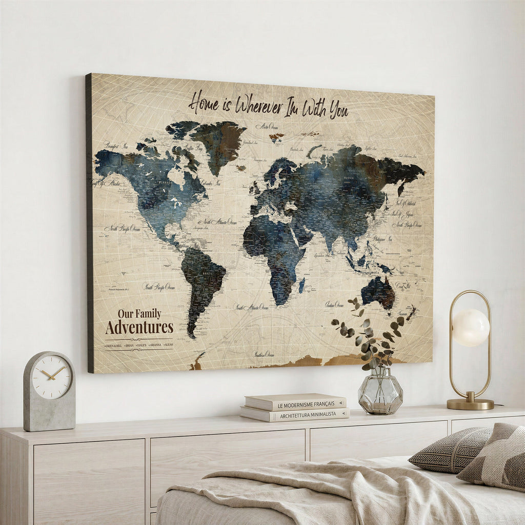 Personalized Framed Black Modern Push Pin Travel Map Canvas Print, Family Travel Tracker, Home Office and Entryway Decor