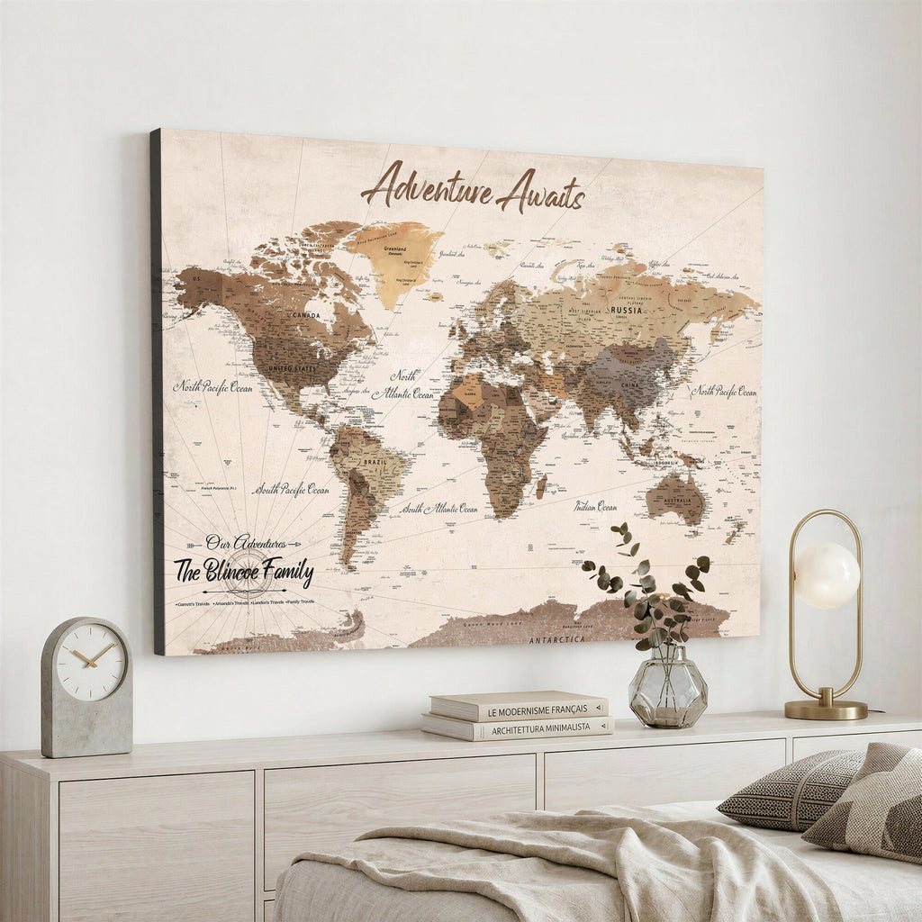 Personalized Framed White Modern Push Pin Travel Map Canvas Print, Bucket List Map, Dining Room and Study Decor