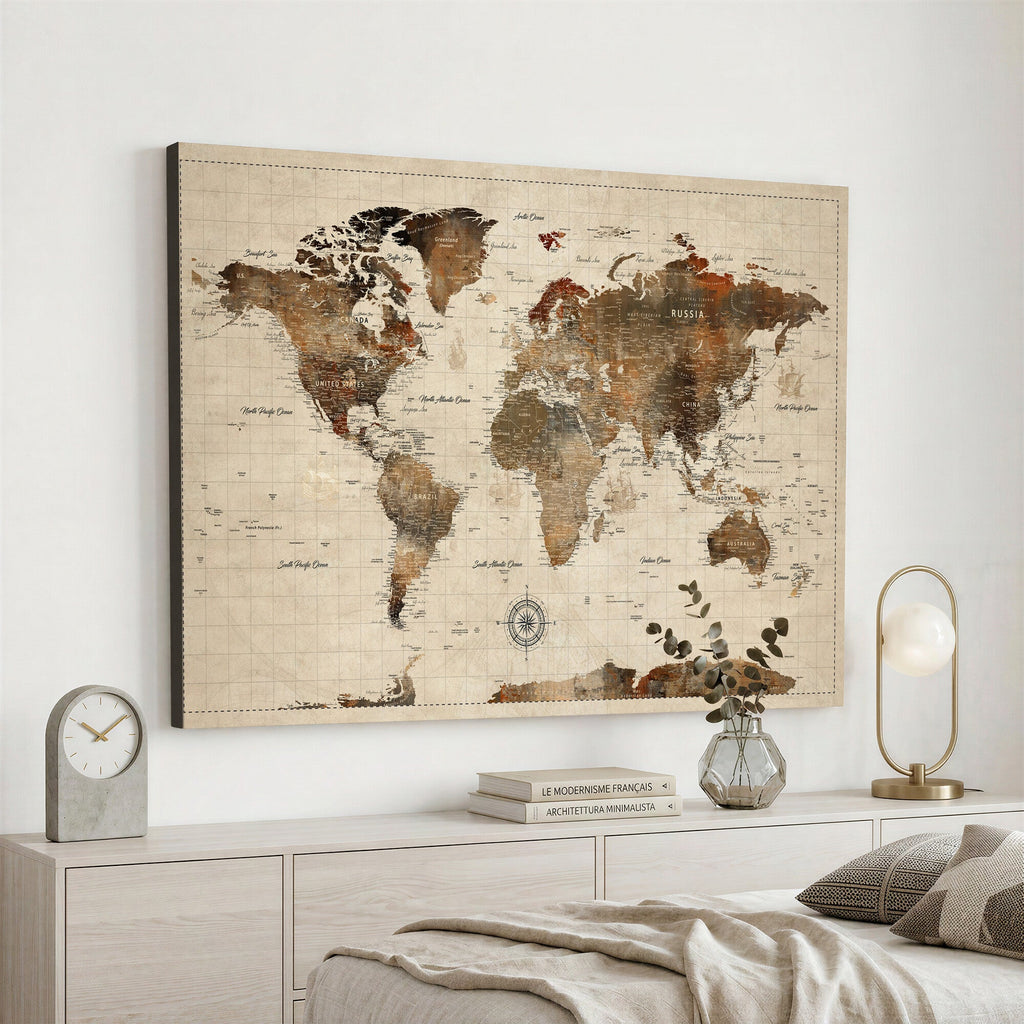 Vintage World Map Wall Art Canvas Print for Living Room, Office and Study
