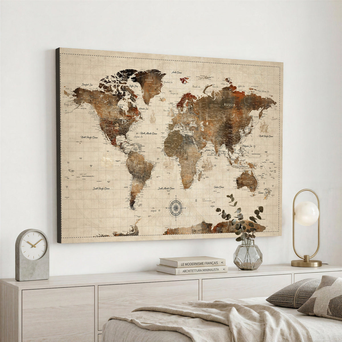 Vintage World Map Wall Art Canvas Print for Living Room, Office and Study