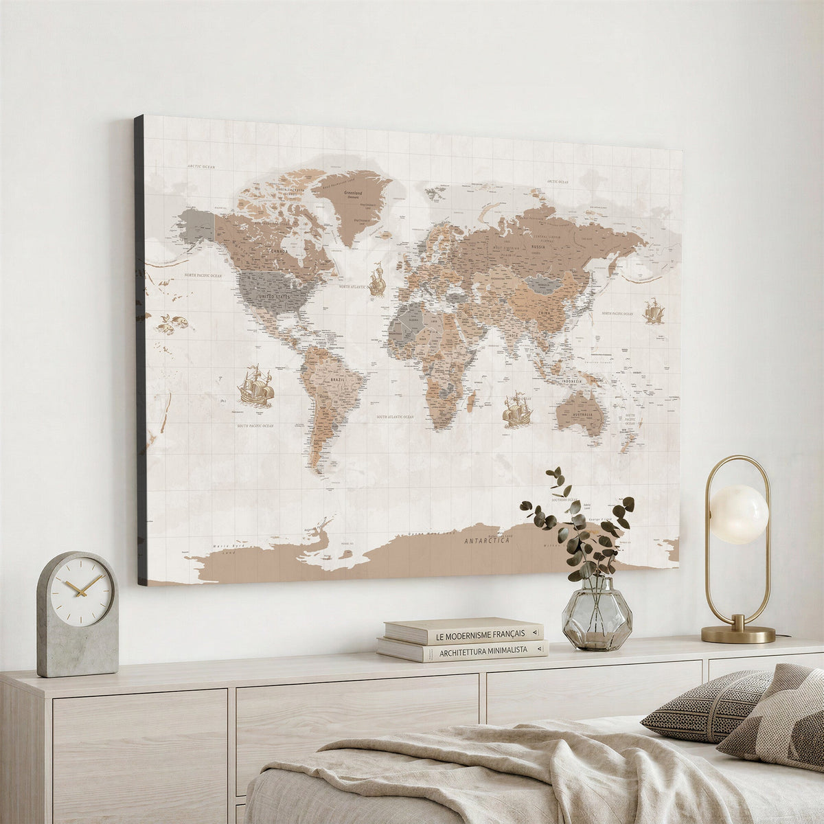 Framed Large World Map Canvas Print for Office Decor