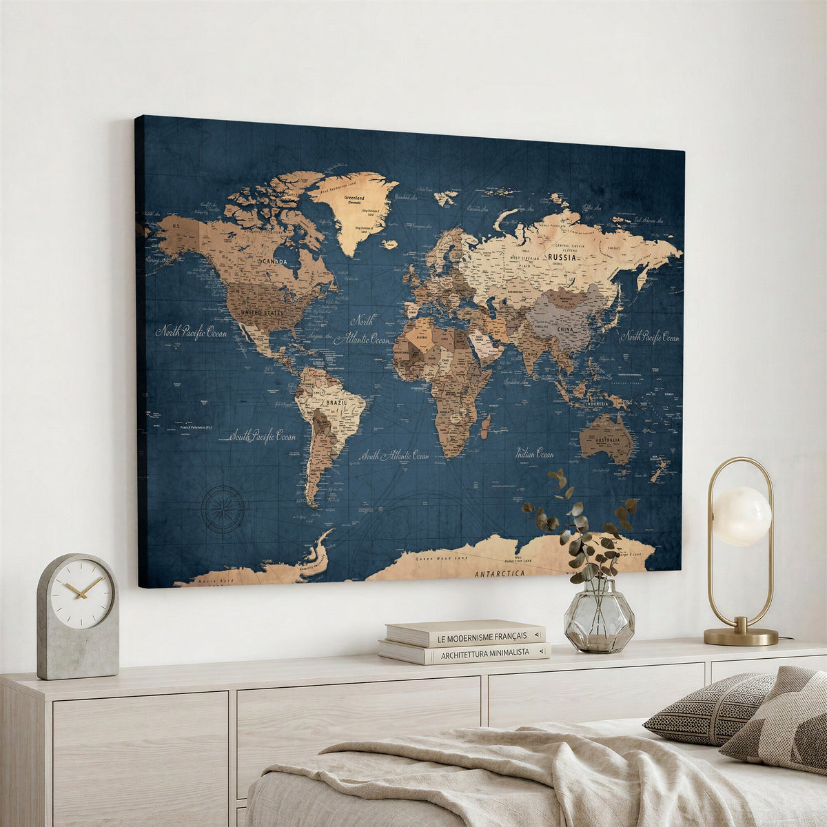 Navy Blue World Map Canvas Print | Framed Travel Map Wall Art