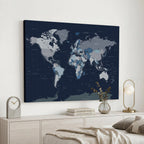 Blue Detailed World Map Wall Art Canvas Print | Modern Framed Map