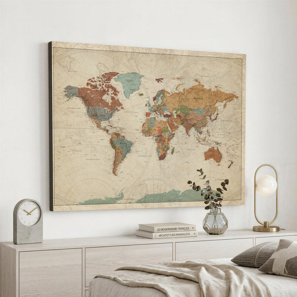 Vintage World Map Canvas Wall Art Print | Framed Modern World Map