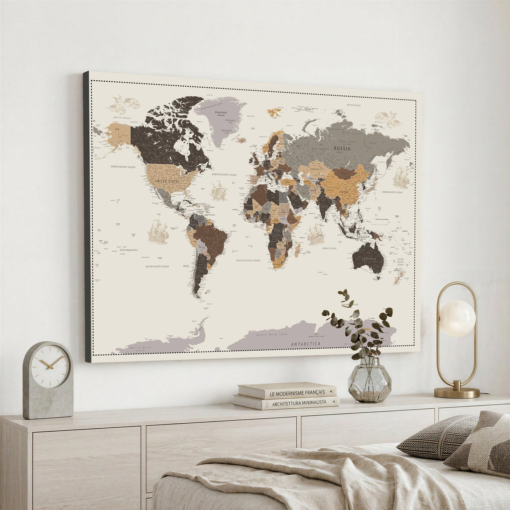 Custom Beige Modern Push Pin World Map Canvas Print, Places Visited Tracker, Bedroom and Study Decor