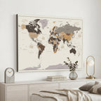 Custom Beige Modern Push Pin World Map Canvas Print, Places Visited Tracker, Bedroom and Study Decor