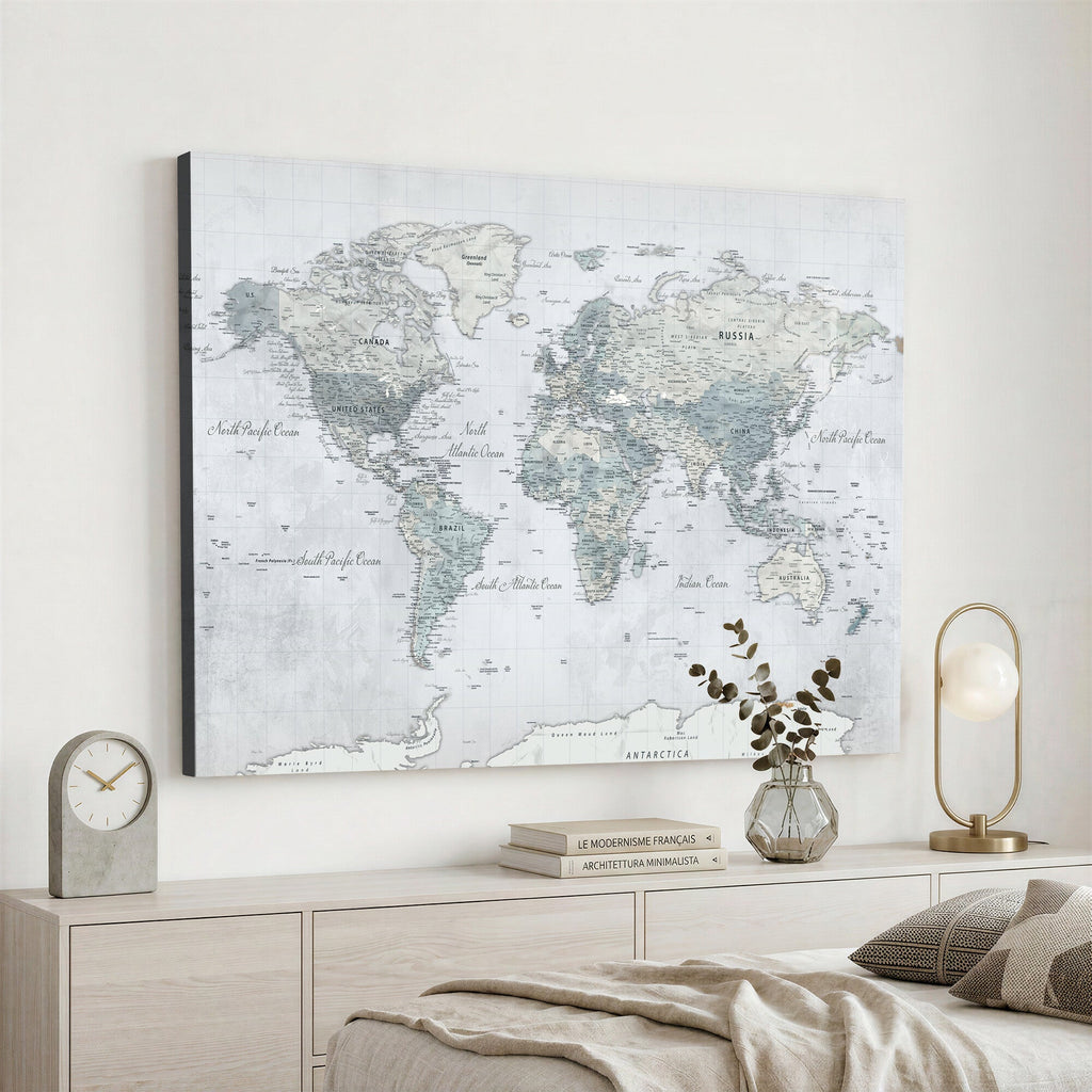 Push Pin World Map Canvas Print - Detailed Vintage World Map