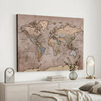 Grunge World Map Canvas Wall Art - Vintage Aged World Map with Golden Tones