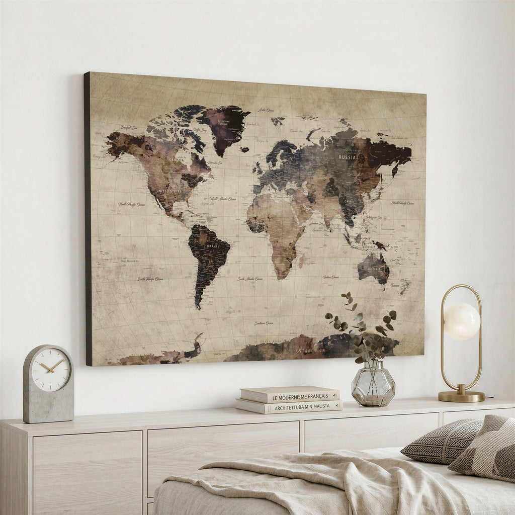 World Map Canvas Print, Detailed Map of the World, Adventure Gift for Couples and Anniversaries