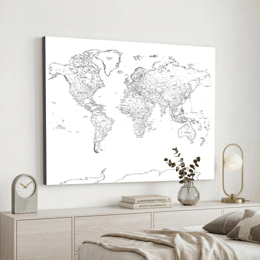 World Map Canvas Print, Framed Modern Detailed Map of the World for Home or Office