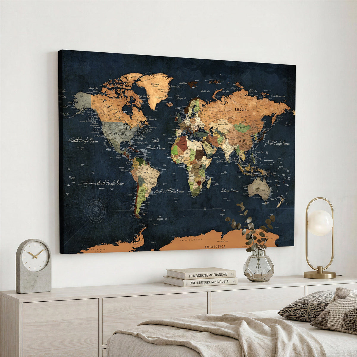 Vintage World Map Canvas Wall Art | Detailed Map with Countries, Oceans and Continents