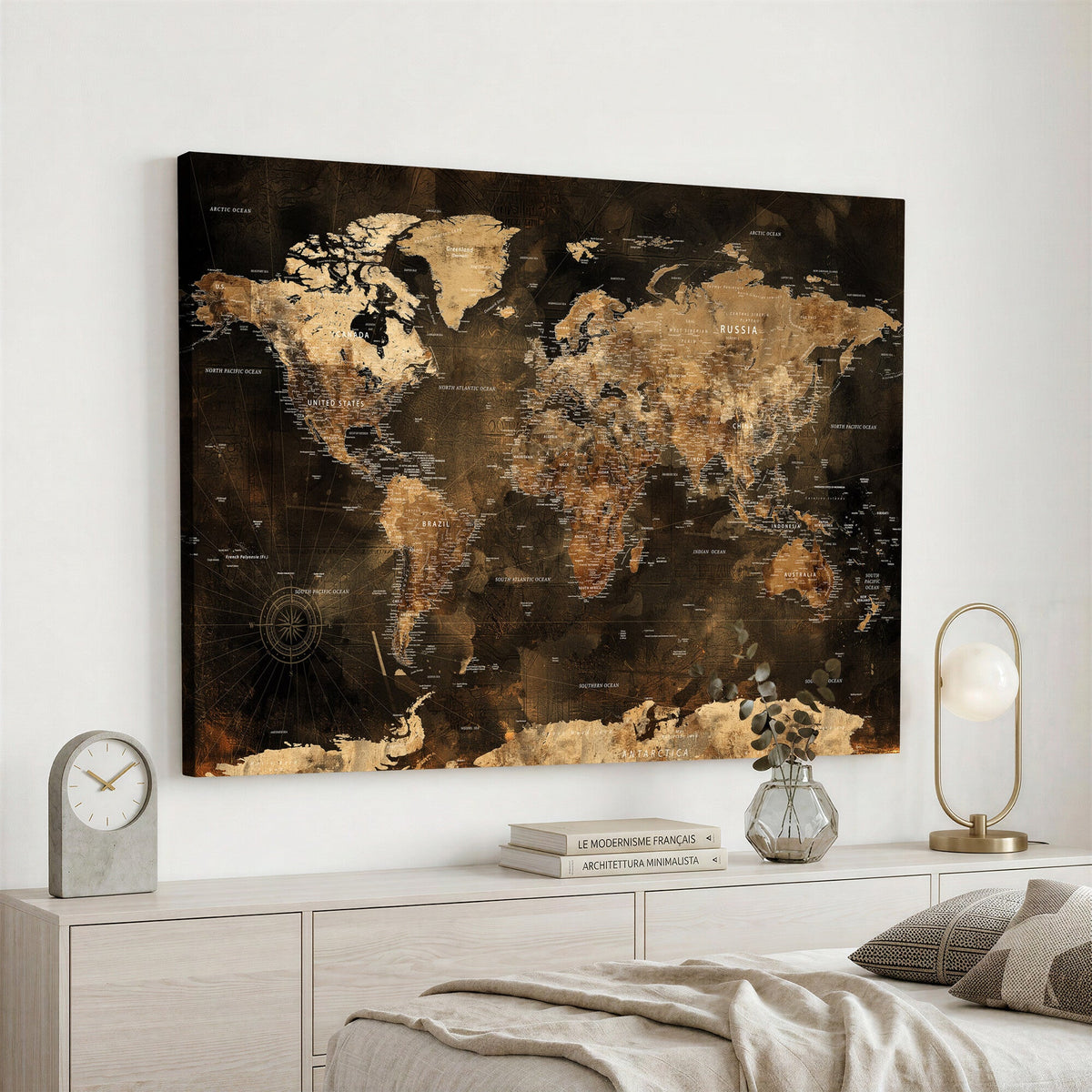 World Map Canvas Print, Modern Decorative Framed Map Artwork