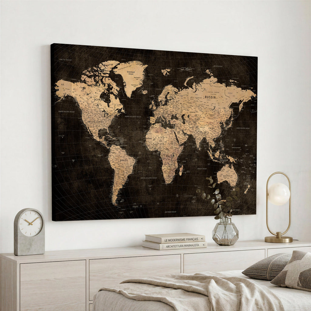 Brown World Map Canvas Print | Modern Travel Map Wall Art