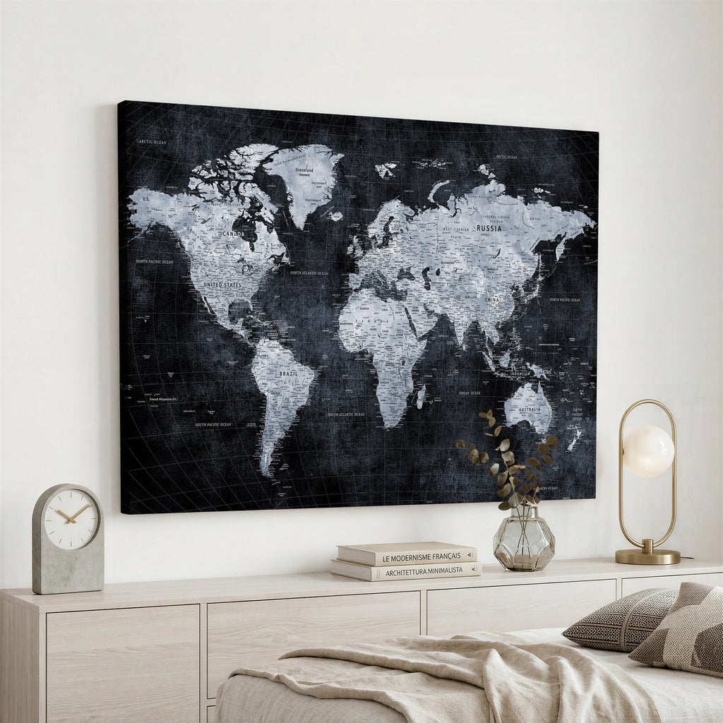 Black World Map Canvas Print | Detailed Map for Couples and Anniversary Gift