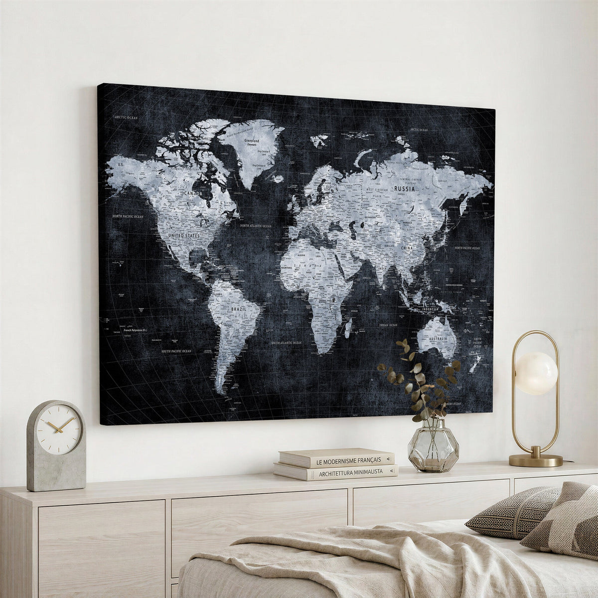 Black World Map Canvas Print | Detailed Map for Couples and Anniversary Gift