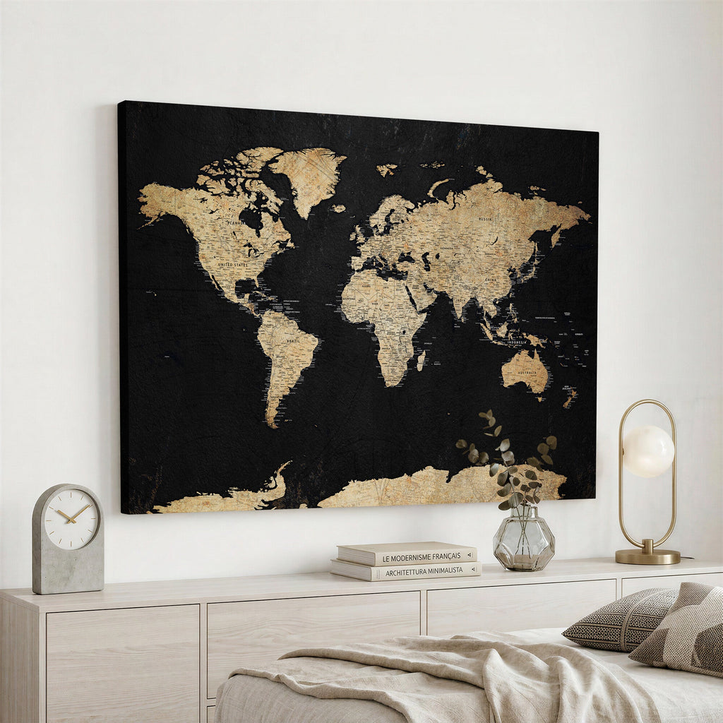 Beige World Map Canvas Wall Art Print, Minimal Black and Beige Map