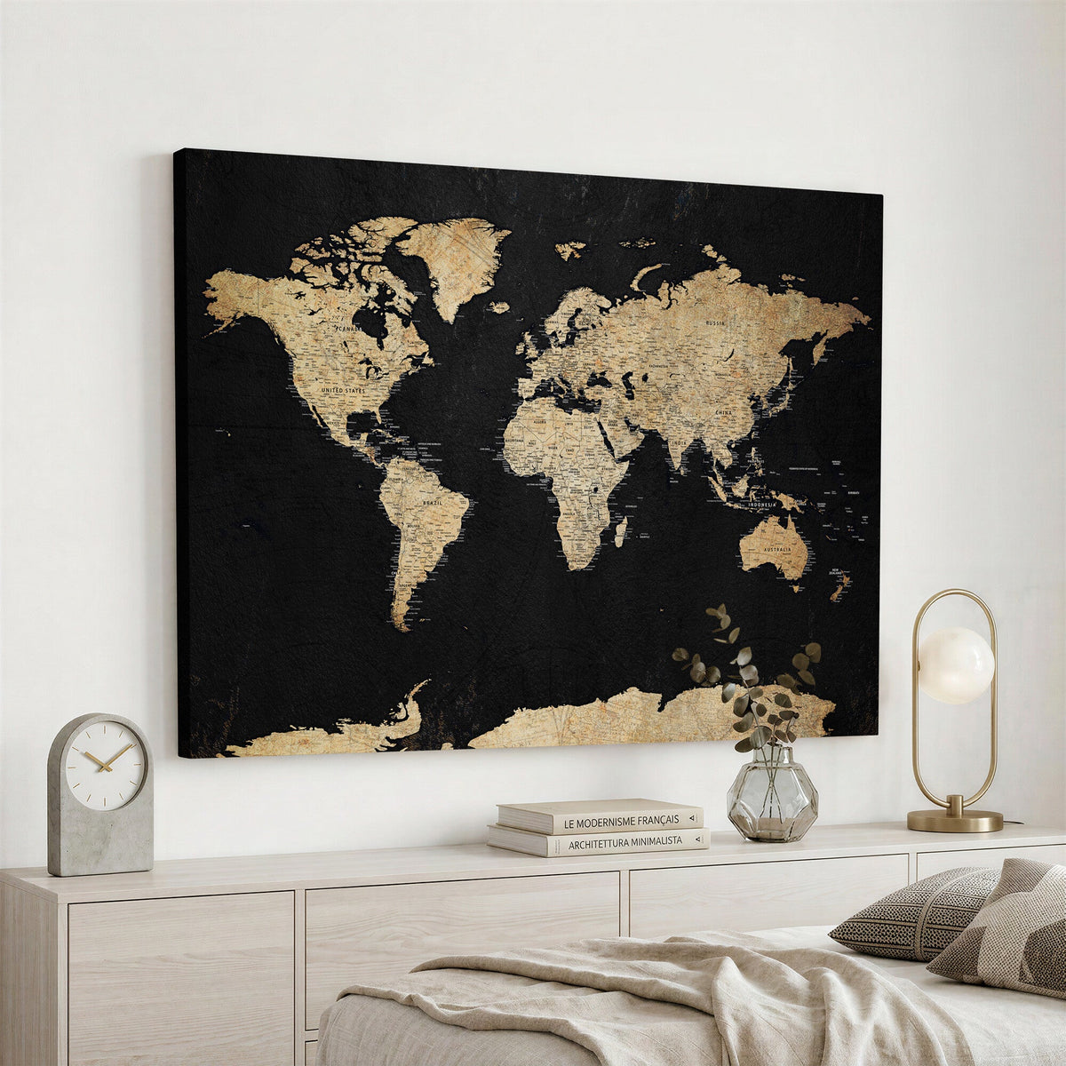 Beige World Map Canvas Wall Art Print, Minimal Black and Beige Map