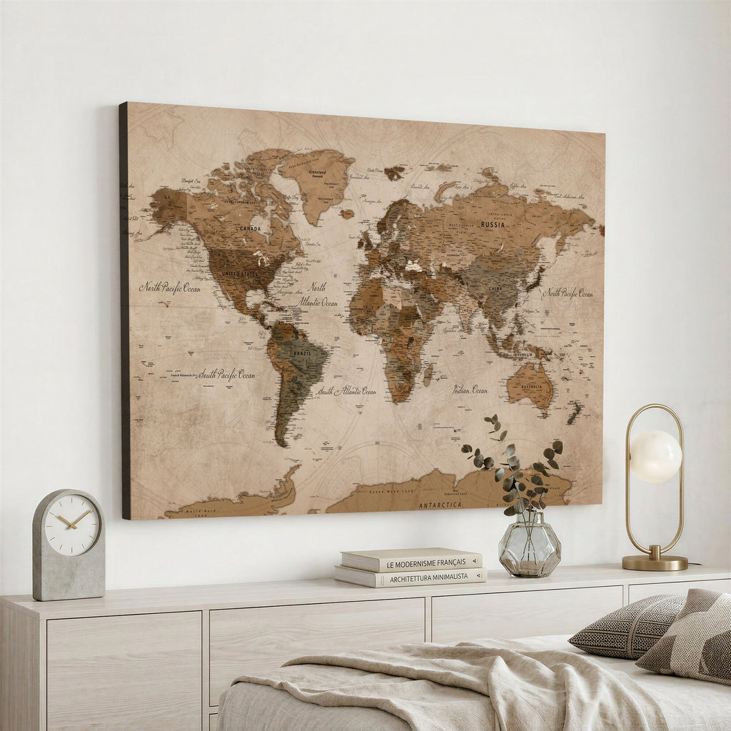 World Map Canvas Wall Art Print, Detailed Global Map Artwork
